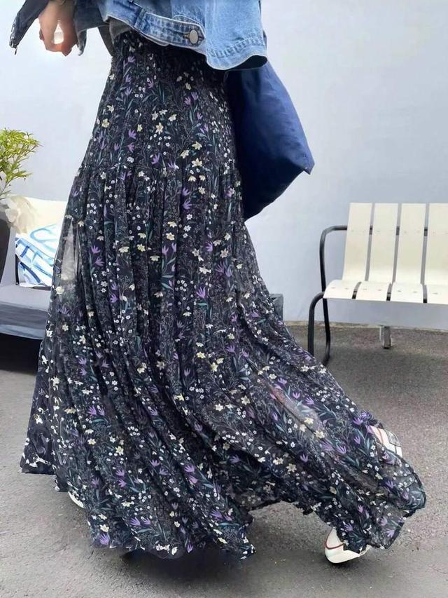 navy blue ditsy floral pleated maxi skirt