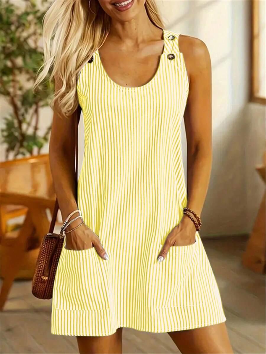 yellow striped sleeveless mini dress with button details