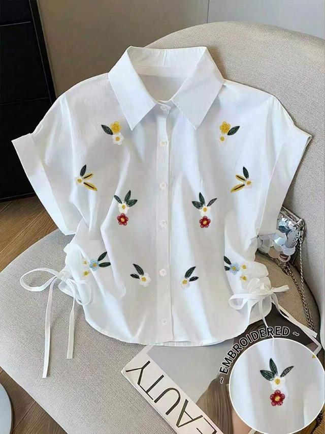 white floral embroidered cotton button up blouse