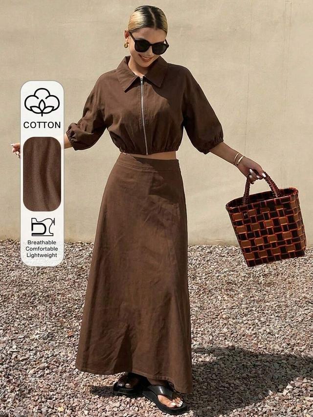 brown cotton zip-up crop top and midi skirt set