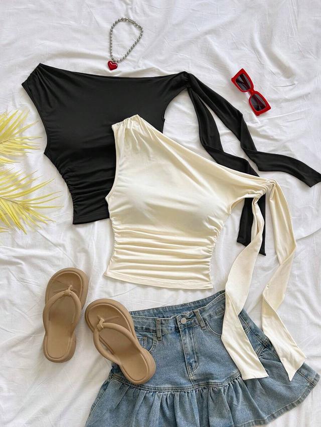 off-white asymmetric one-shoulder tie-strap ruched jersey blouse