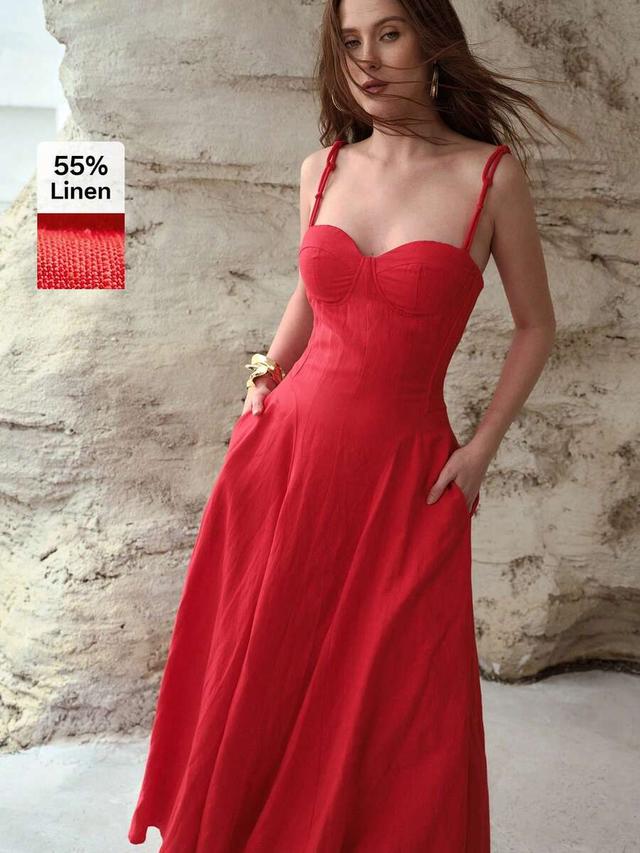 red linen bustier slim waist long slip dress