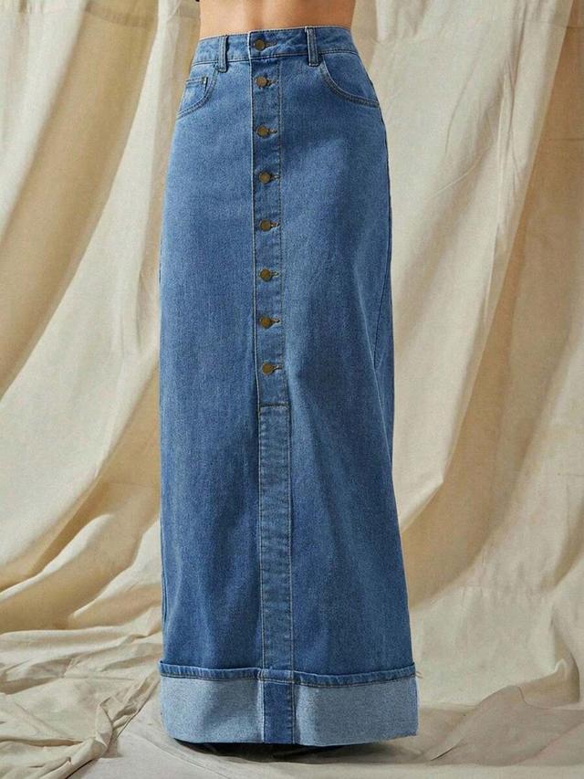 vixey high waist cuffed hem button up denim maxi skirt