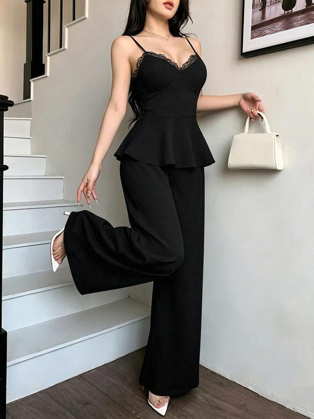 black peplum tank top and wide leg pants set