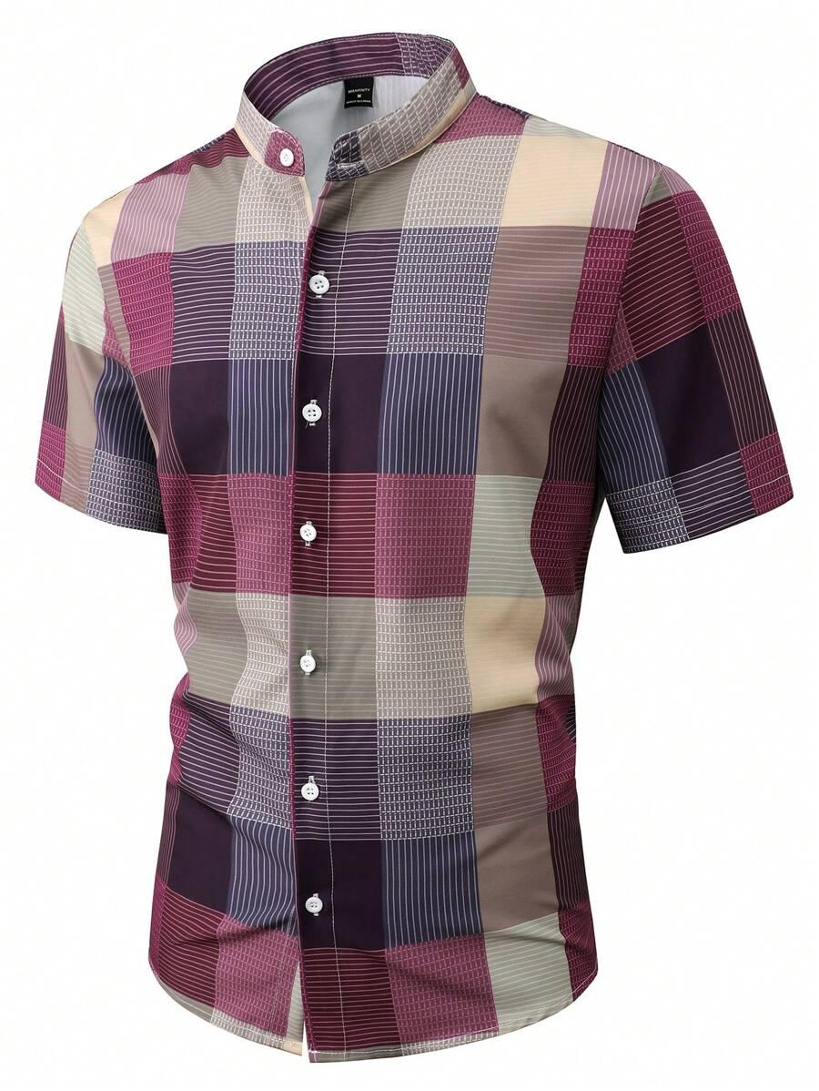men's short sleeve plaid stand collar casual shirt