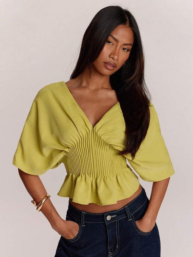 v-neck green woven smocked waist peplum top