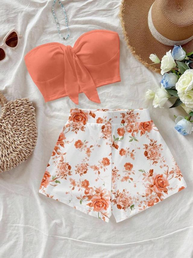 coral floral print two piece summer set