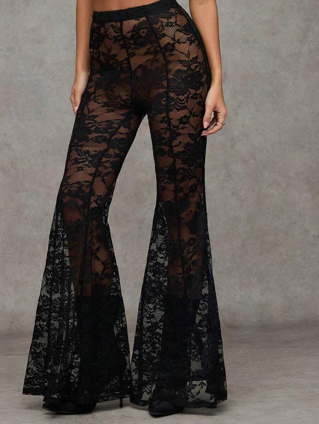 black lace see-through flared trousers