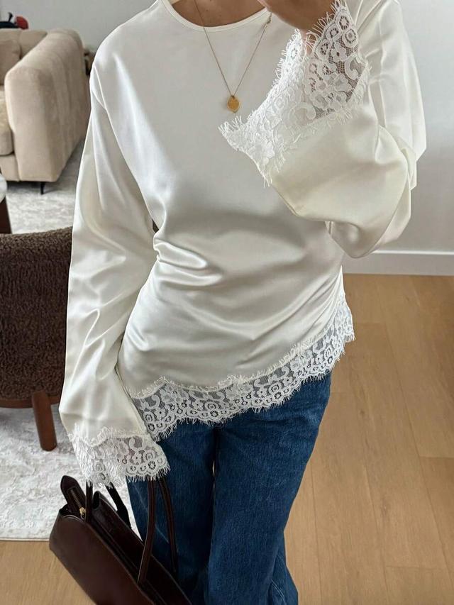 elegant white satin top with lace patchwork and tie