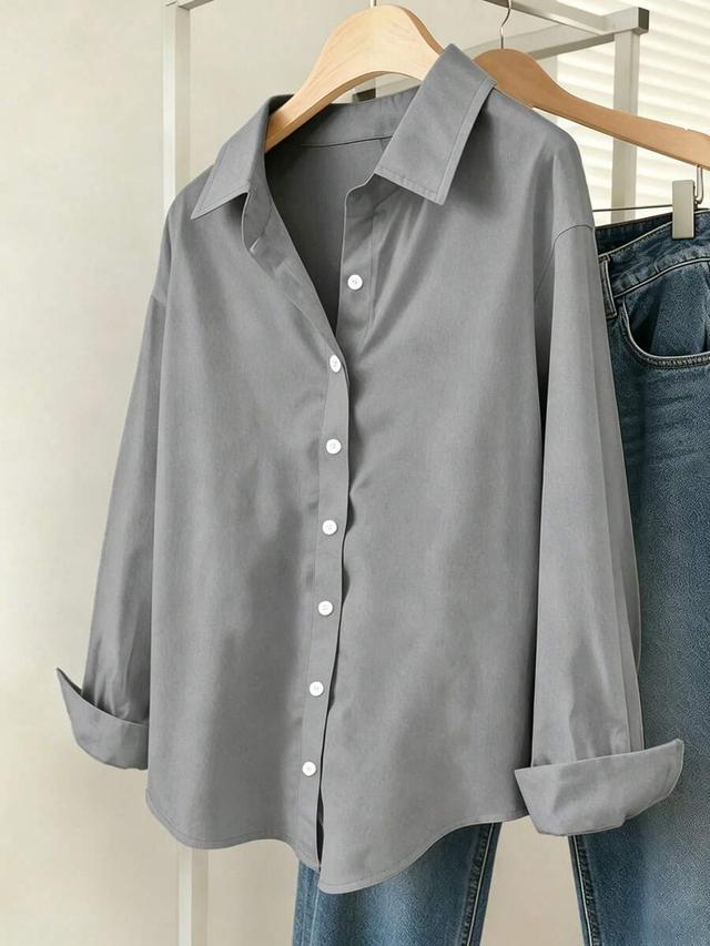 grey cotton button-down long sleeve shirt