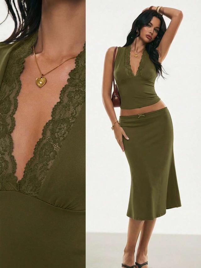 olive green contrast lace camisole and midi skirt set