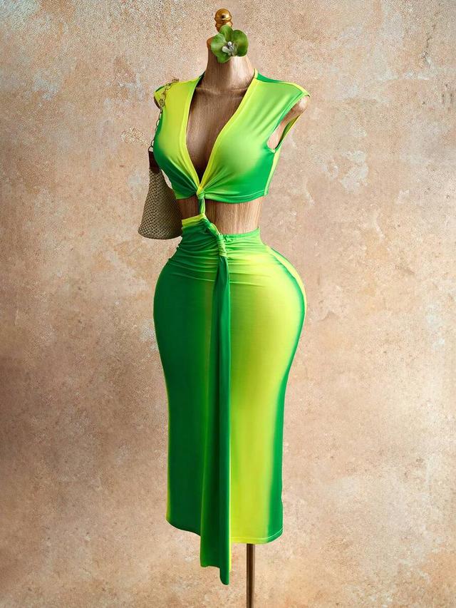 green tie-dye deep v-neck twist detail bodycon dress