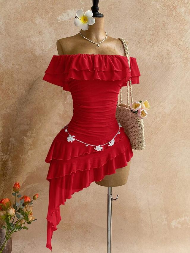 red off-shoulder ruffled asymmetrical hem dress