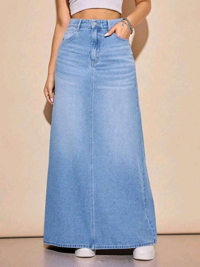light wash denim maxi skirt