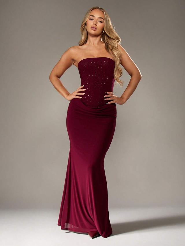 women's solid color rhinestone design fishtail hem strapless elegant dress