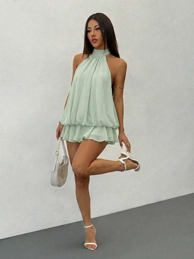 pale yellow sleeveless tie-neck mini dress