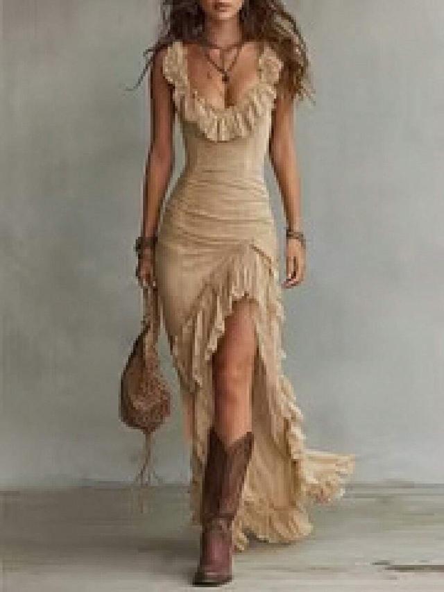 beige ruffled high-low maxi dress