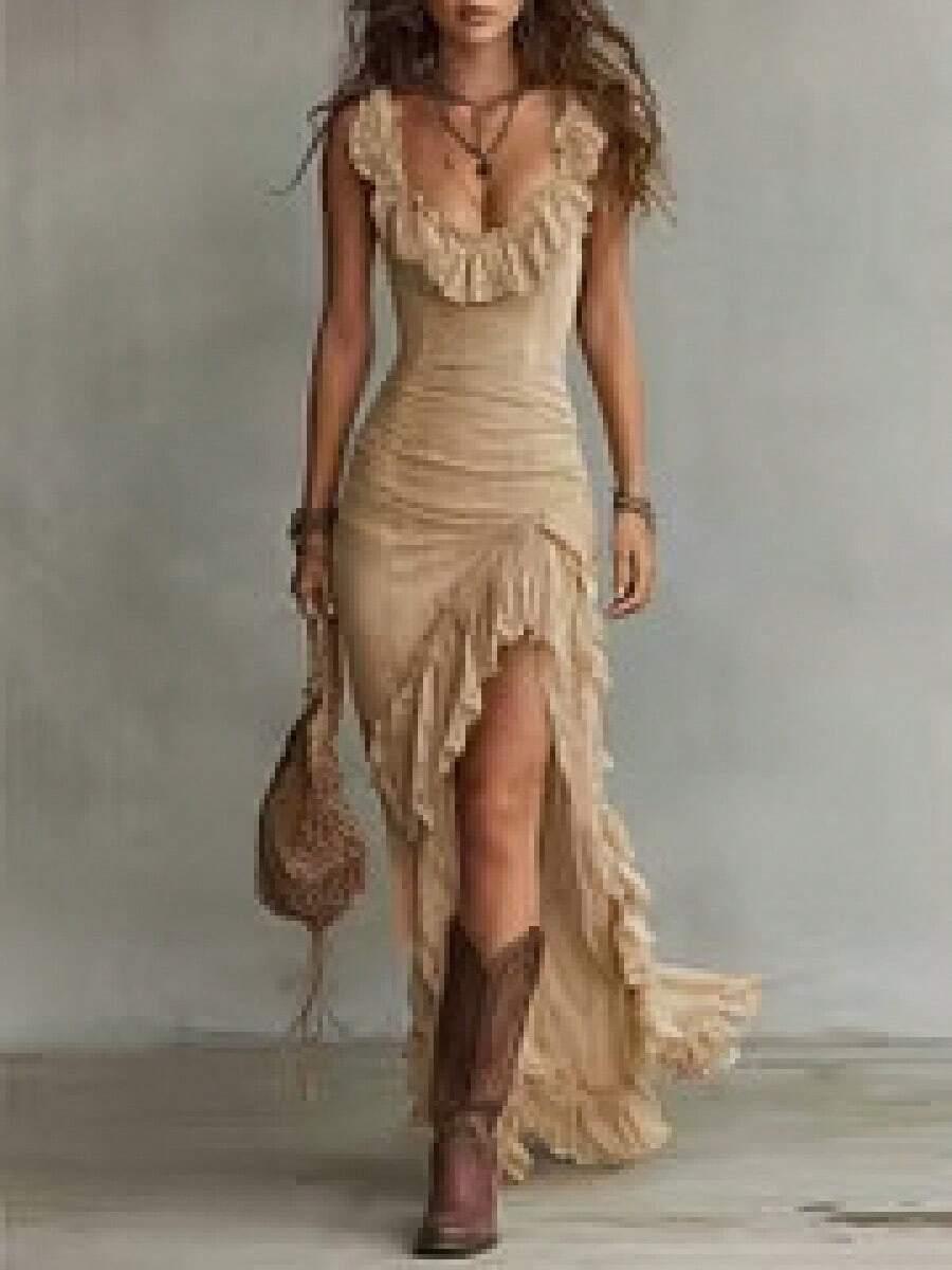 beige ruffled high-low maxi dress