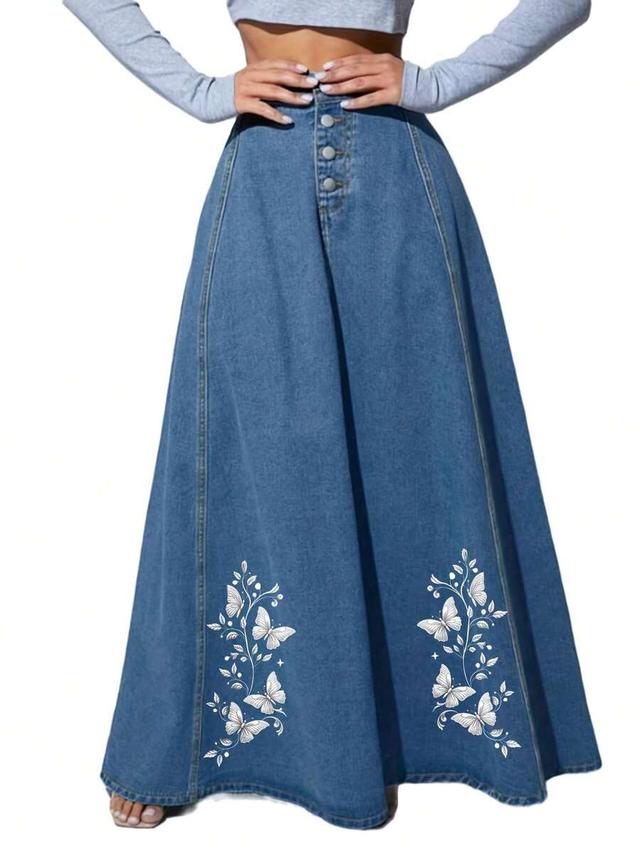 elegant flared maxi denim skirt with butterfly embroidery