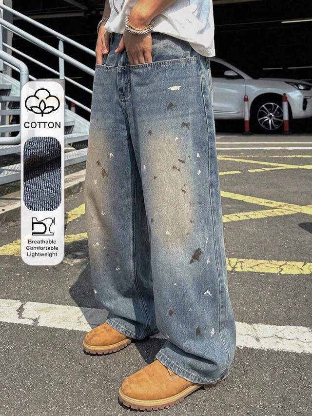 dazy men's loose fit paint splatter wide leg jeans