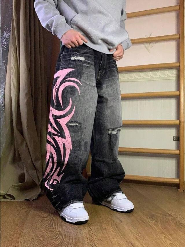 men's street style black washed denim jeans with pink tribal print