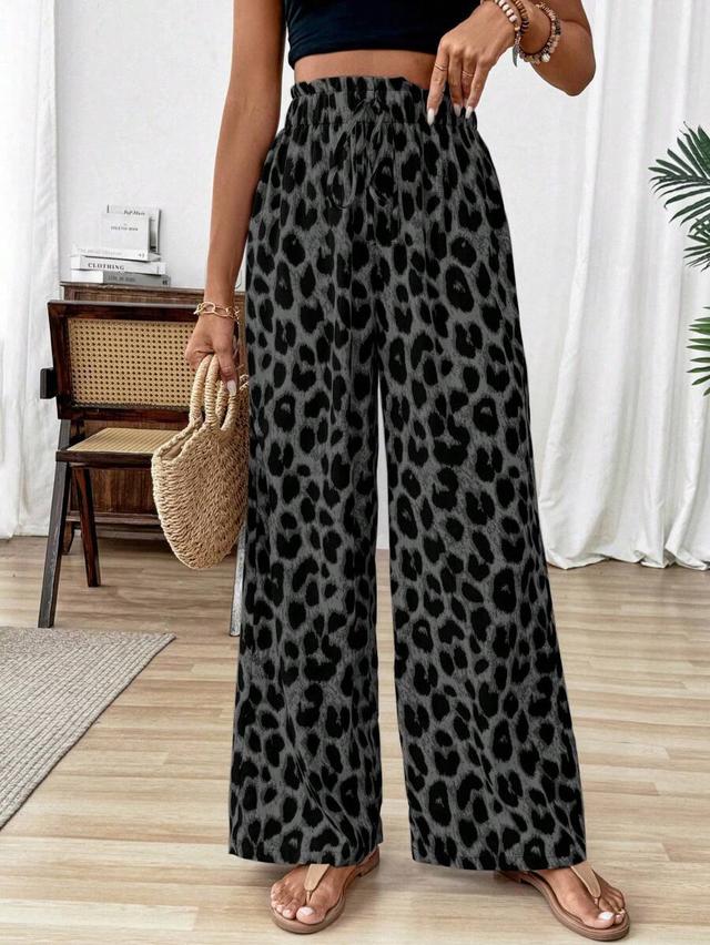 leopard print paper bag waist wide leg trousers