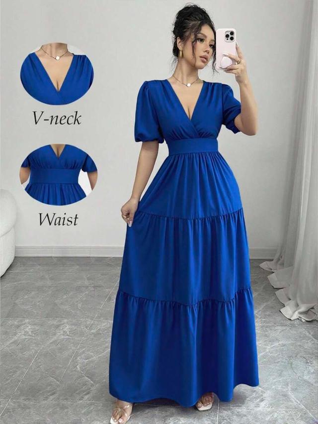 rafferiza elegant v-neck gathered waist pleated flared long dress