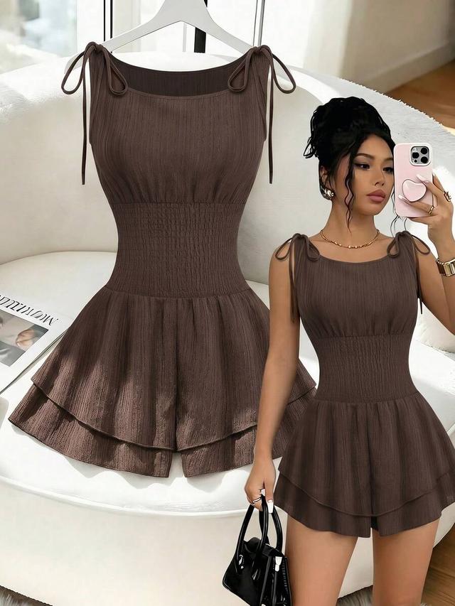 brown textured smocked waist tie-strap playsuit
