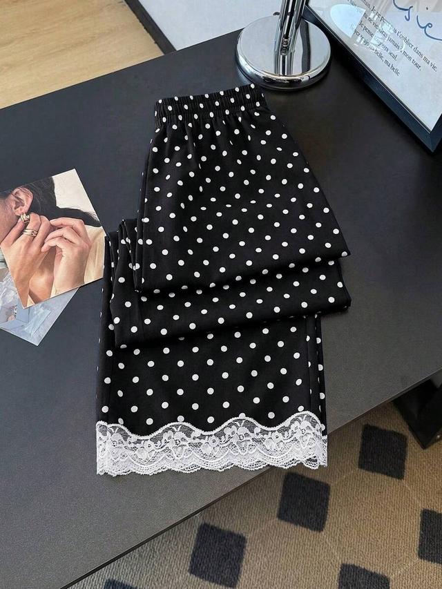polka dot lace trim loose straight leg pants