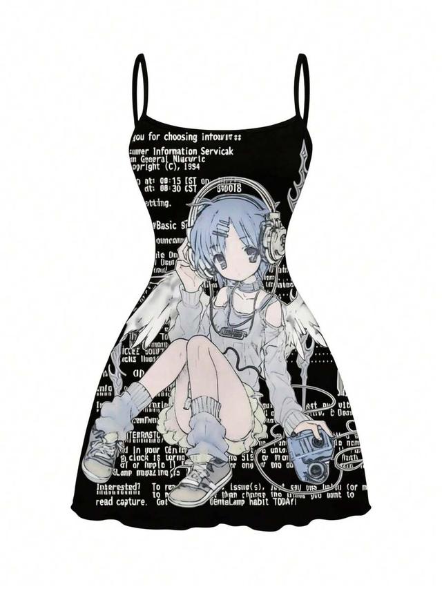 kawaii anime girl print black camisole mini dress