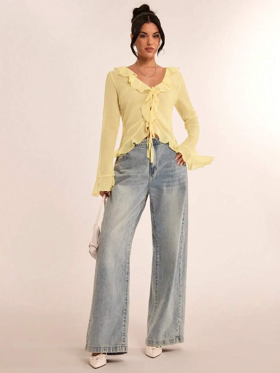 pale yellow chiffon flounce sleeve blouse