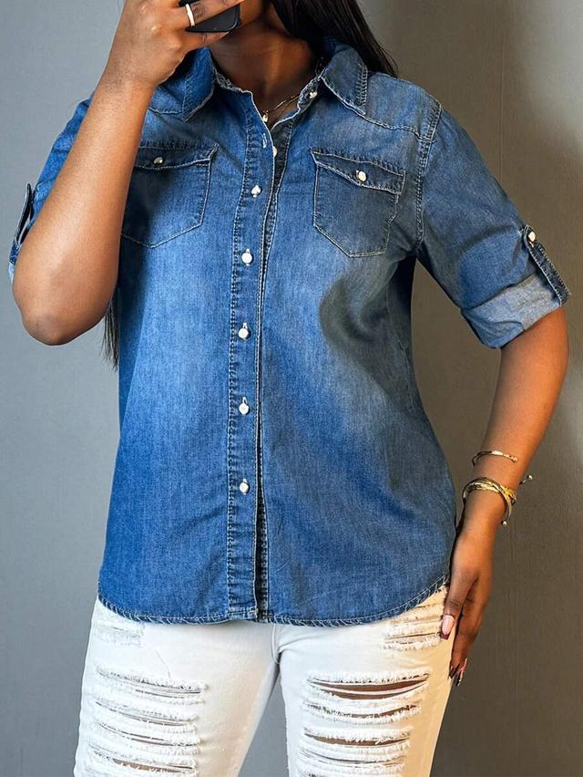 women's denim button-down shirt with rolled sleeves