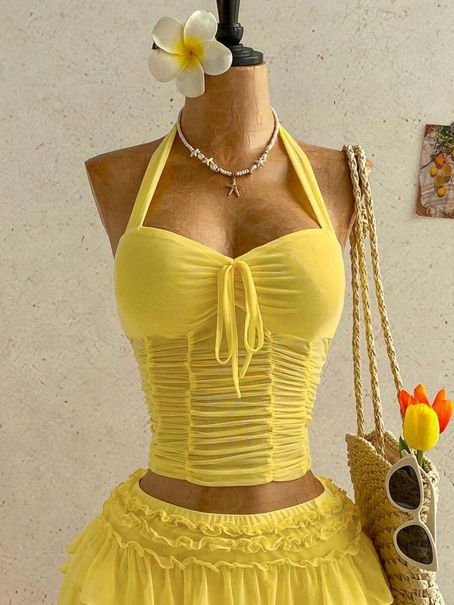 soleia yellow boho chiffon pleated halter top
