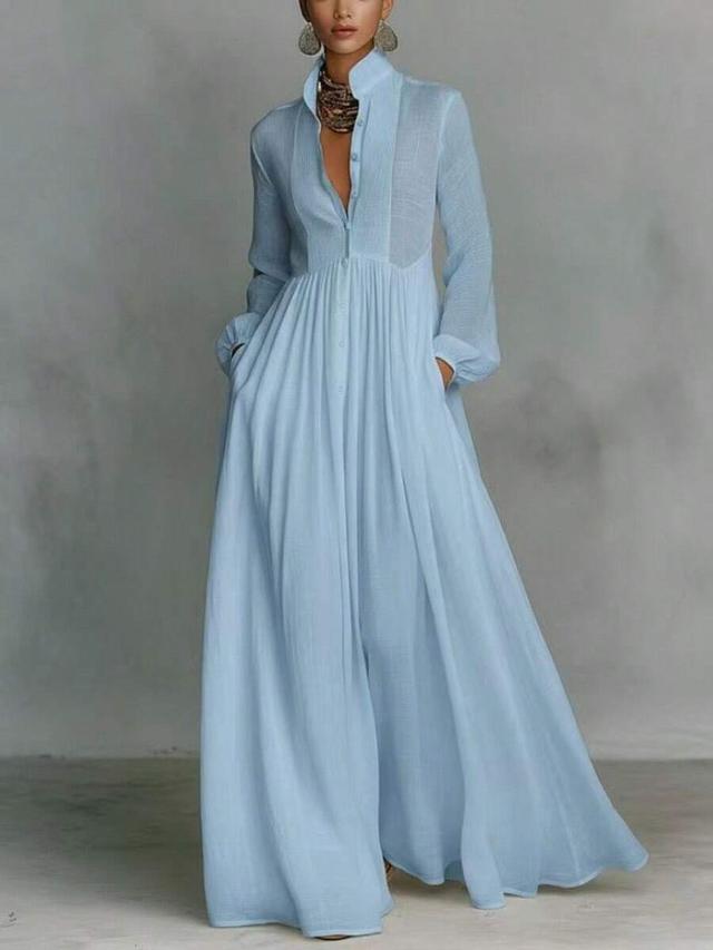 light blue textured cotton button-down maxi dress