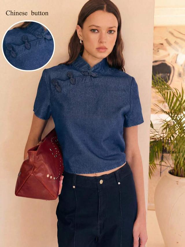 nöista navy blue summer chic mandarin collar denim top