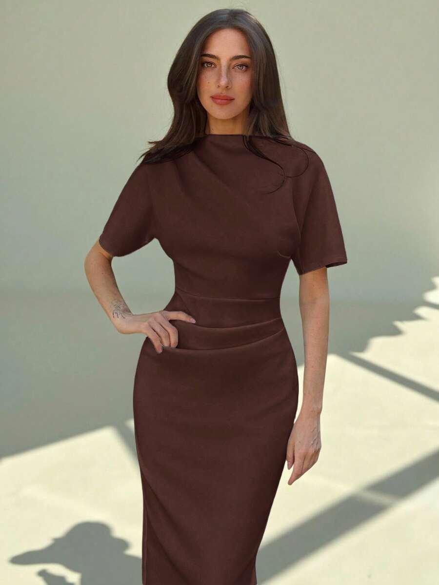 coffee brown ruched minimalist bodycon maxi dress