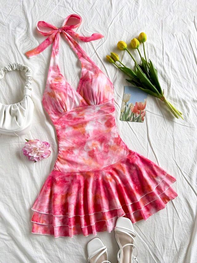 pink and white tropical print ruched halter mini dress