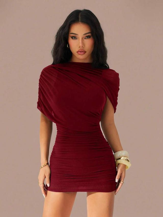 burgundy ruched mesh bodycon mini dress