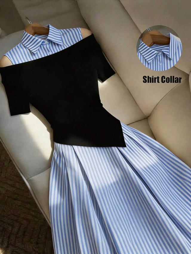 blue and white striped patchwork off-shoulder dress