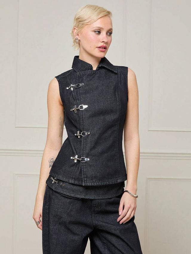 sleeveless clasp denim top in black rinse wash