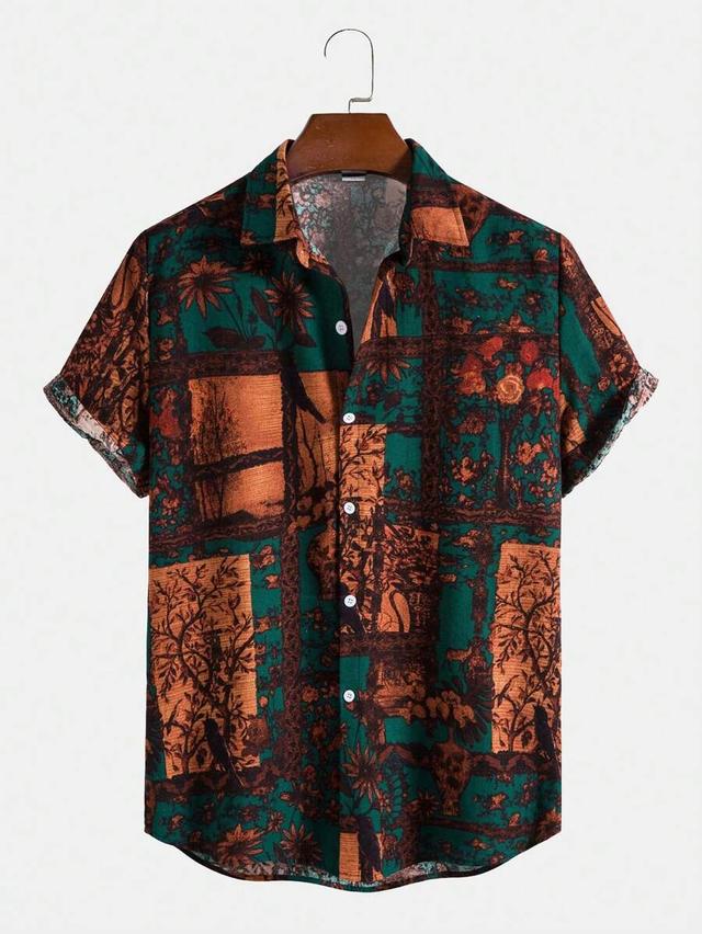 men's vintage floral print casual short sleeve shirt