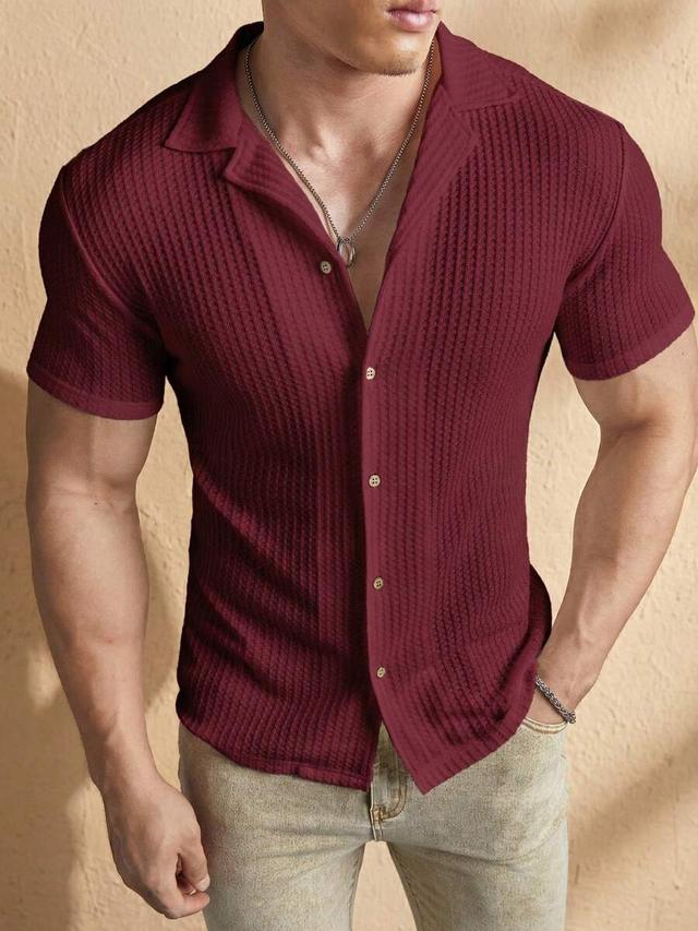 burgundy textured short sleeve camp collar shirt