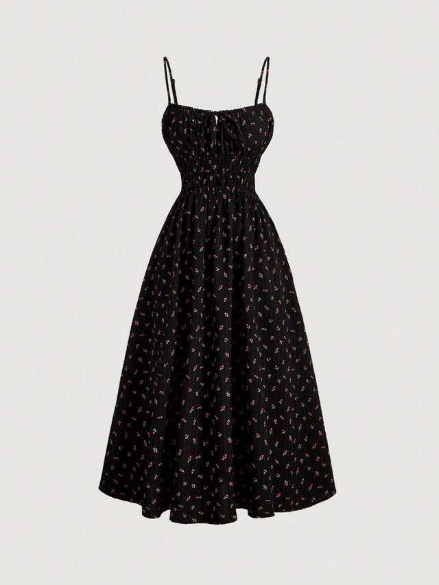 printed ruched bust tie shoulder vacation cami dress