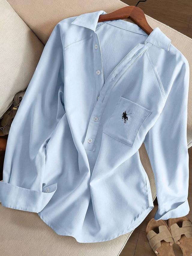 light blue casual v-neck long sleeve embroidered shirt