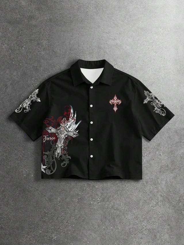black short sleeve casual shirt with cross graphic print
