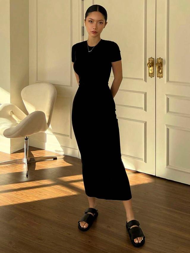 dazy solid black split hem bodycon maxi dress