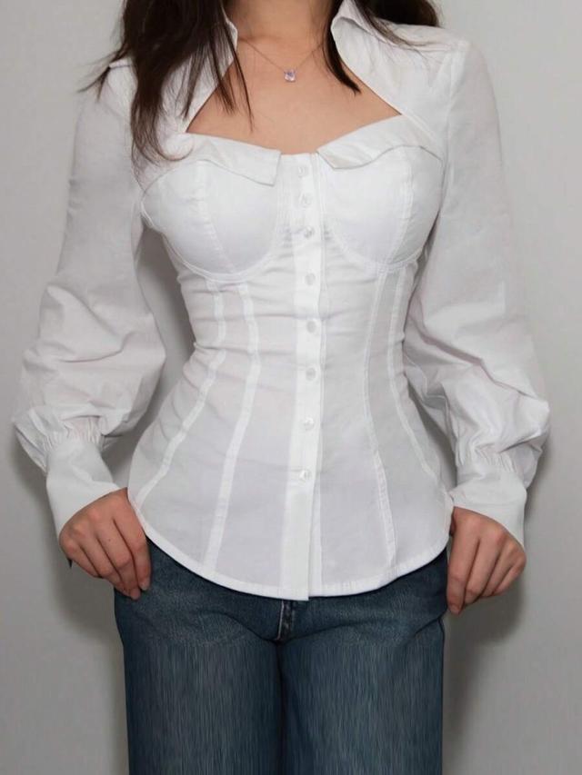 elegant white tie-back waist cinching collared shirt