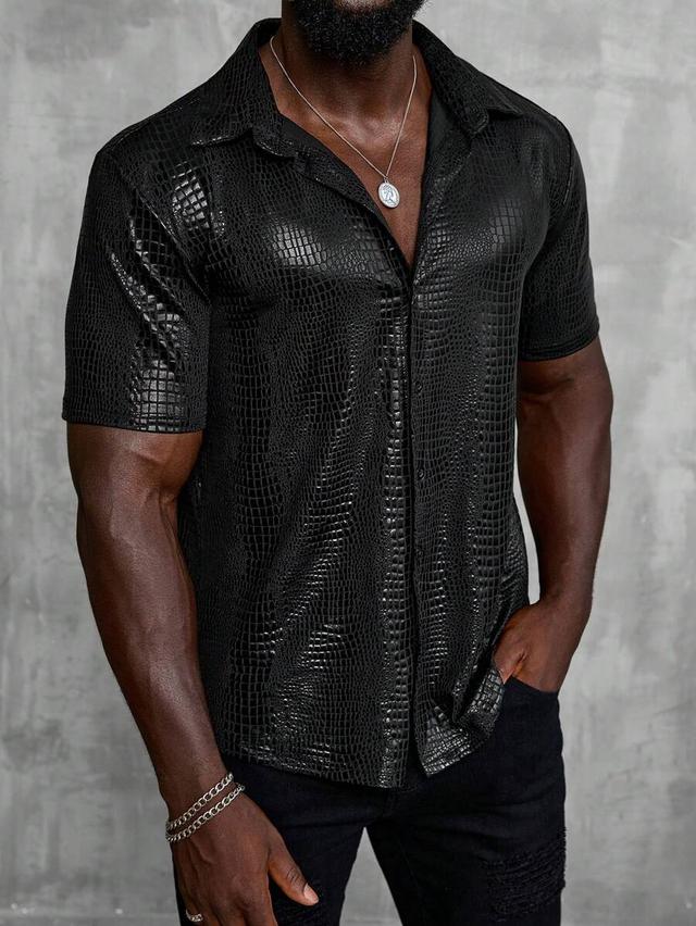 black crocodile print short sleeve casual shirt