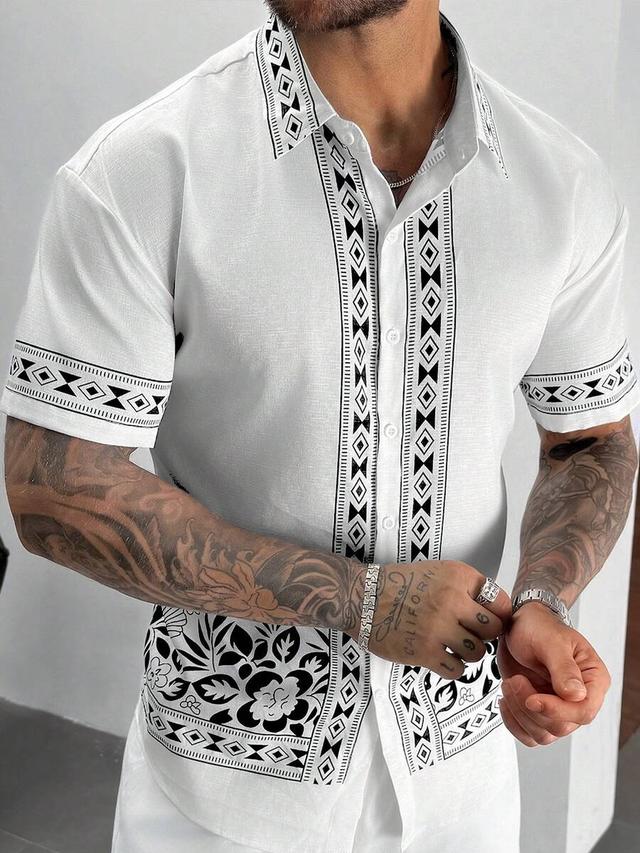 geometric floral print short sleeve button-up shirt