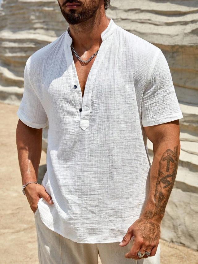 himland loose fit solid half button white shirt